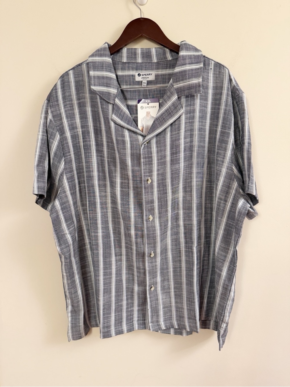 Sperry Navy White Striped Short Sleeve Camp Collared Button-Down Shirt XXL NEW